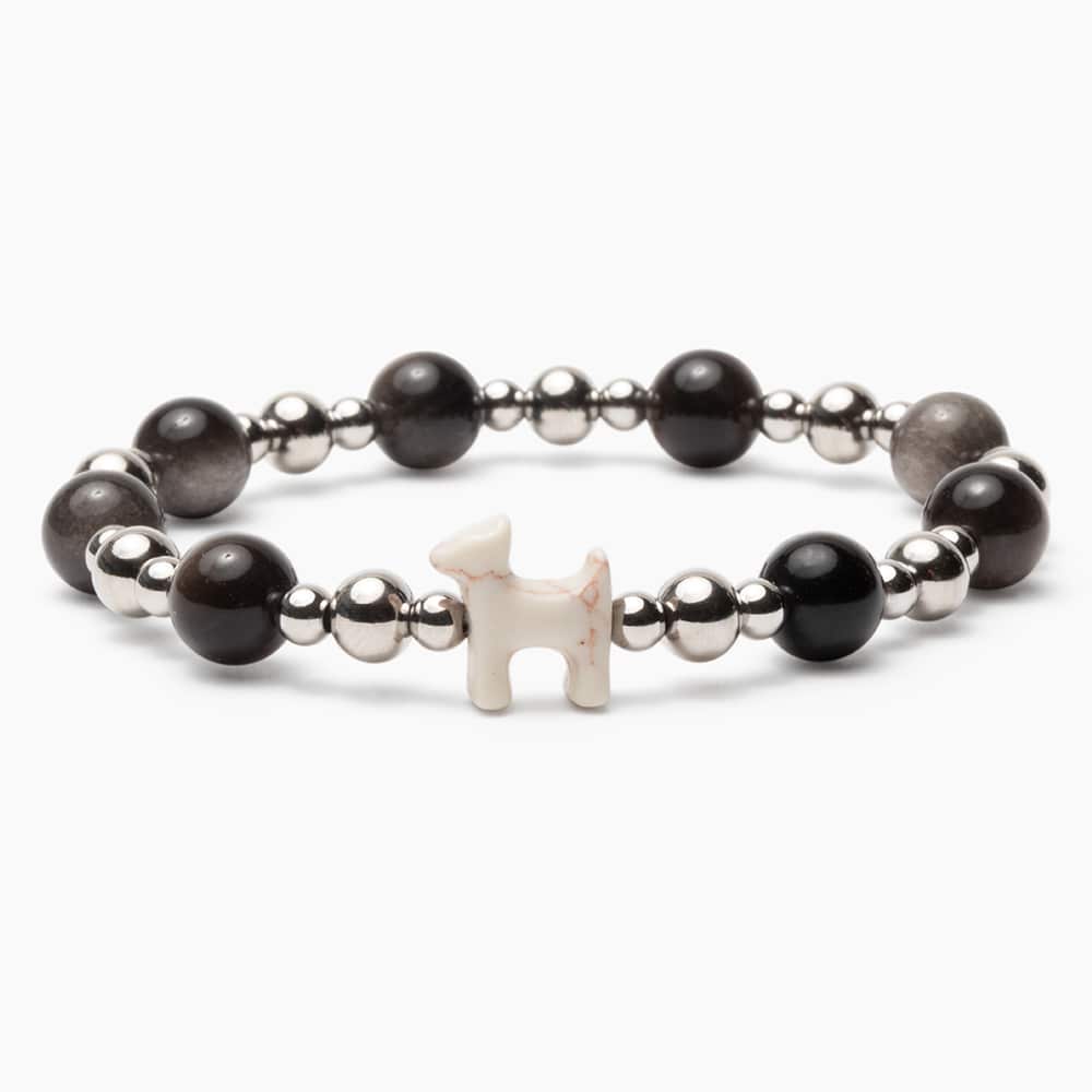 STRĀ Dog Beaded Bracelet- Silver, Black Obsidian Beaded Bracelet- Donates 10 Meals to Help Feed Hungry Stray Dogs