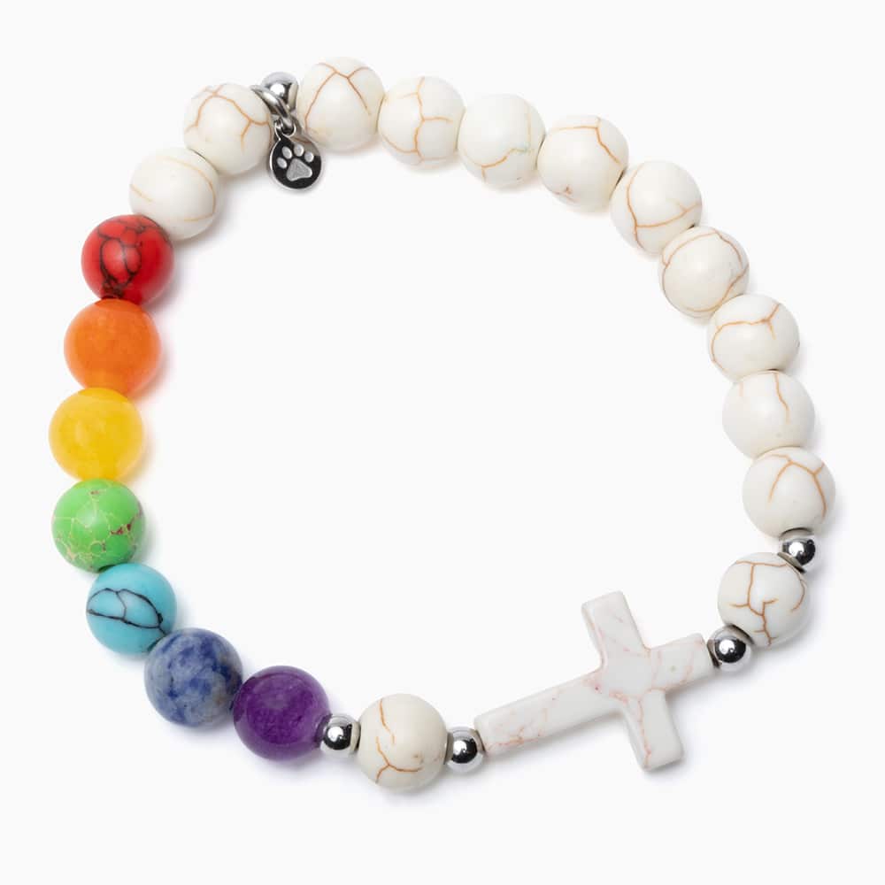 STRĀ Dog Beaded Bracelet- Rainbow Bridge Cross Howlite Stone & Rainbow Beaded Bracelet- Donates 10 Meals to Help Feed Hungry Stray Dogs