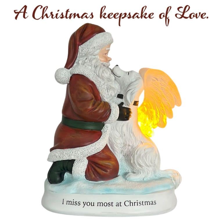 'I Miss You Most at Christmas' Santa & Angel Dog Lighted Memorial Figurine- Helps Feed Hungry Shelter Dogs in Need