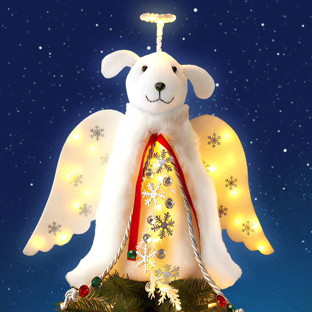 A ‘Christmas Miracle‘ Angel Dog Tree Topper, Holiday Decoration- Lighted Snowflake Garland, Halo & Wings - Helps Feed 30 Hungry Shelter Dogs in Need