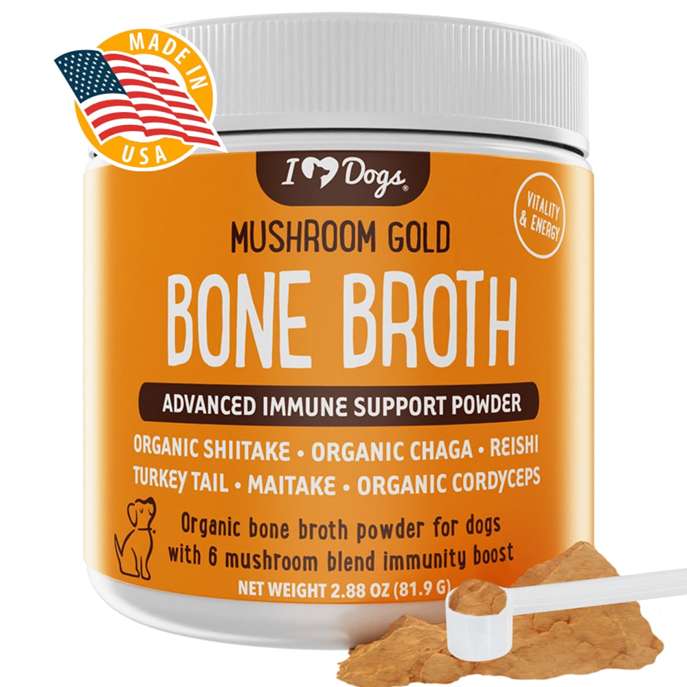 Bone Broth For Dogs Immune Support Powder - PLUS Mushroom Gold with Organic Shiitake, Turkey Tail, Reishi