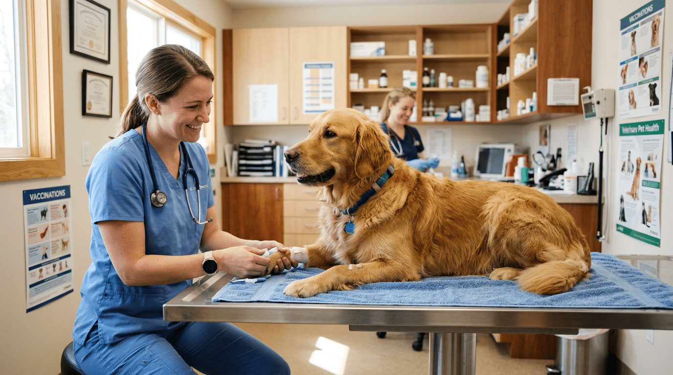 Dog at veterinary clinic receiving treatment for joint pain
