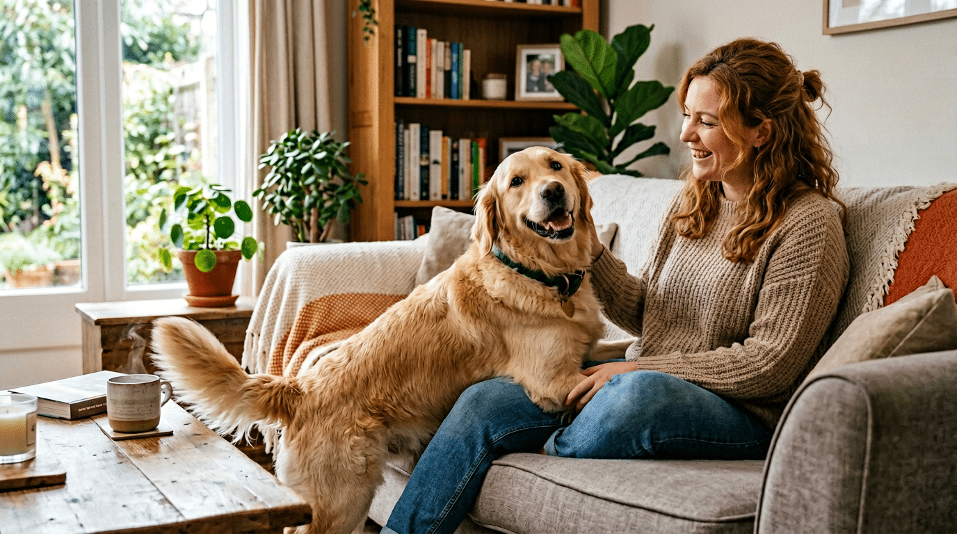 Golden retriever pressing rear end against owner on couch, pack bonding behavior