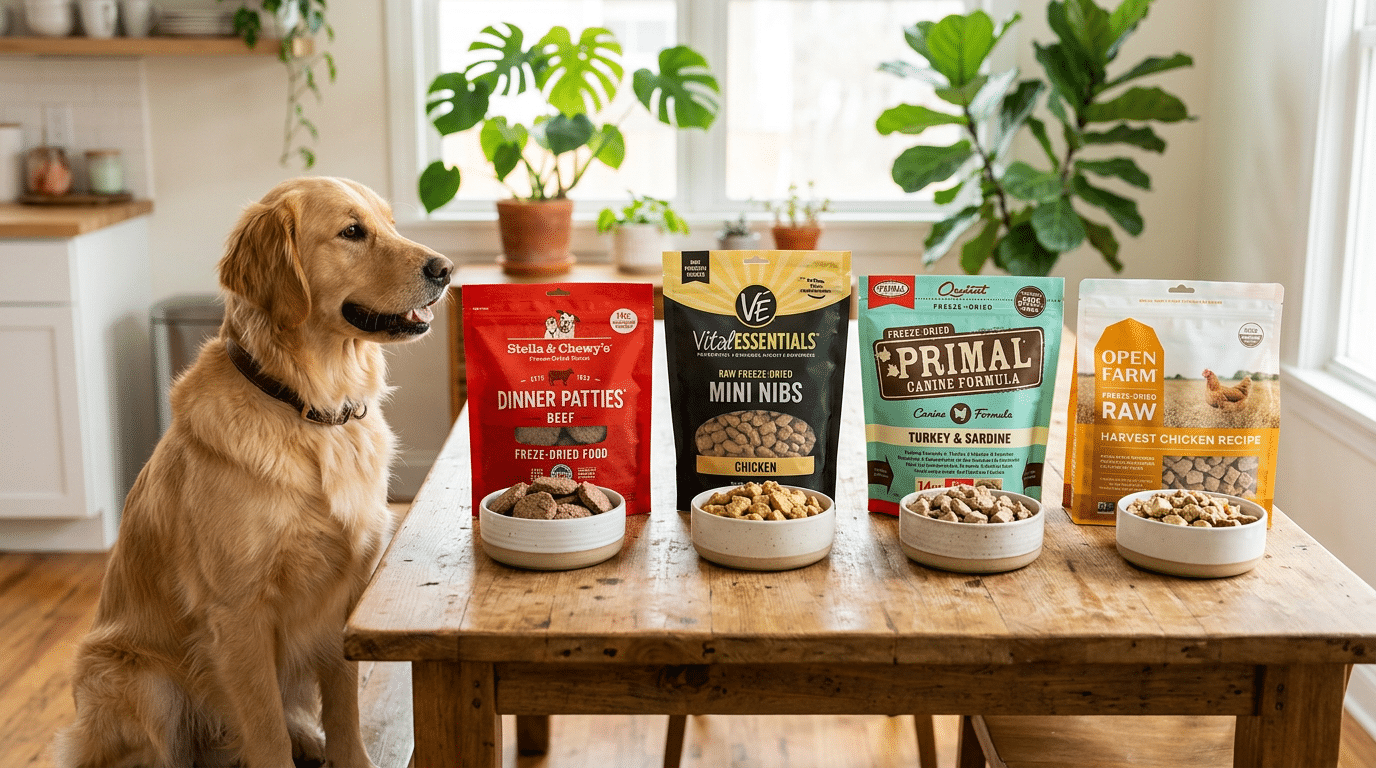 Comparison of multiple freeze-dried dog food brands on a table